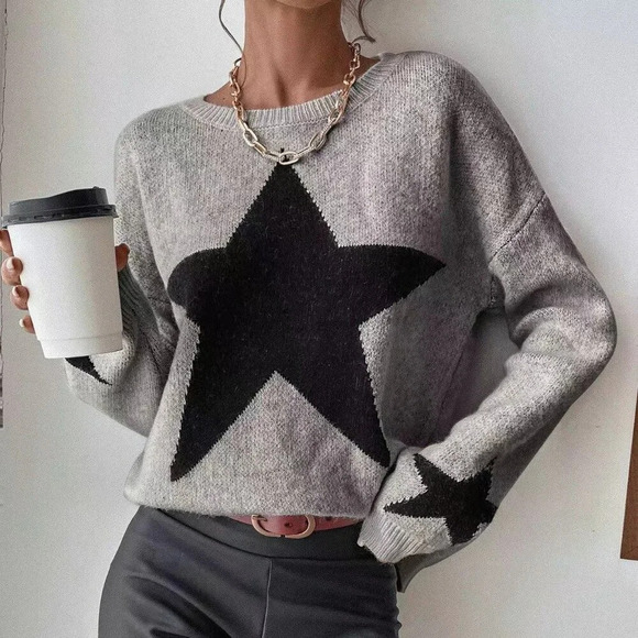 Grey Casual Women's Drop Shoulder Star Pattern Sweater - Picture 1 of 6